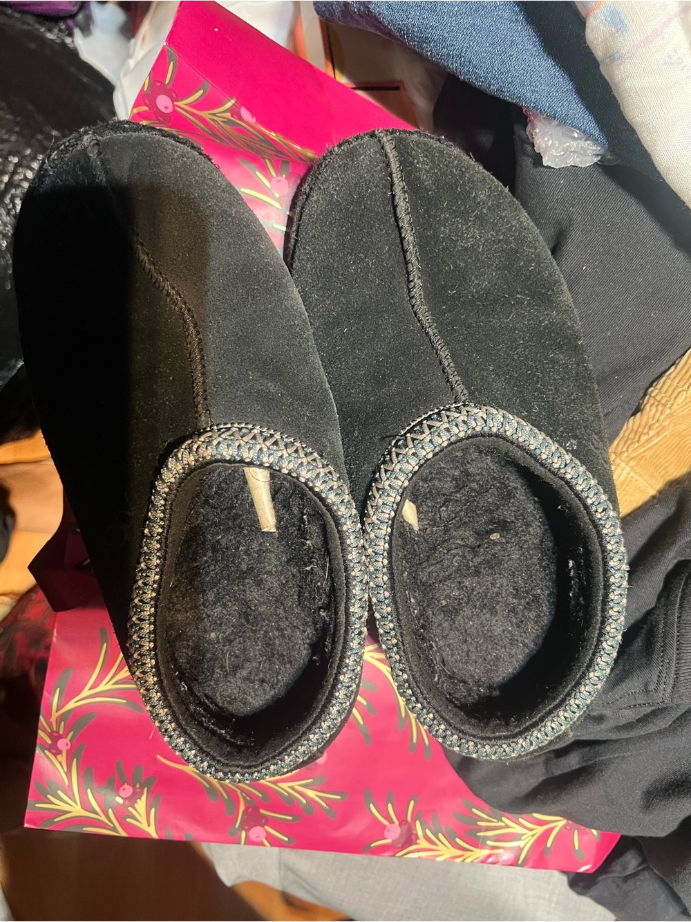 UGG Black Suede Plush-Lined Slip-On Slippers